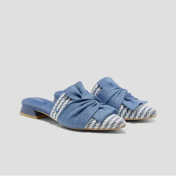 Vivaia Blue Denim White Pointed-Toe Knot Sandals Heel Mules (Yaffa Pro) Size 11 - Picture 10 of 10